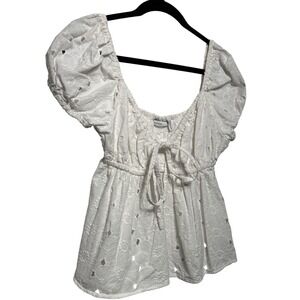 ASOS DESIGN Daisy Eyelet Embroidery Puff Sleeve Babydoll Top White US Size‎ 8